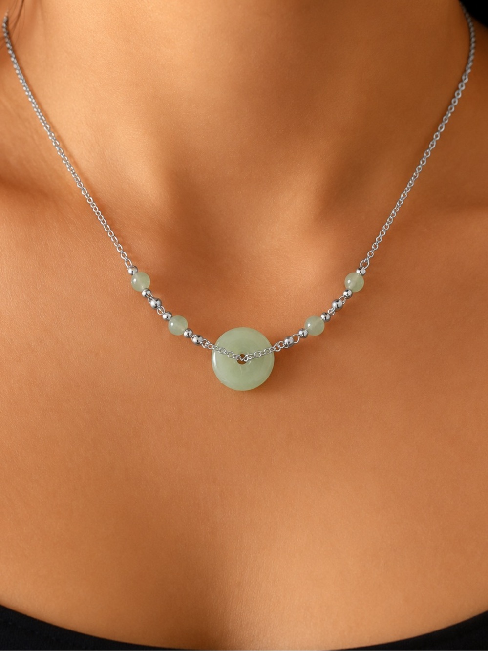 Staple Silver Chain Necklace with Pale Green Jade Donut